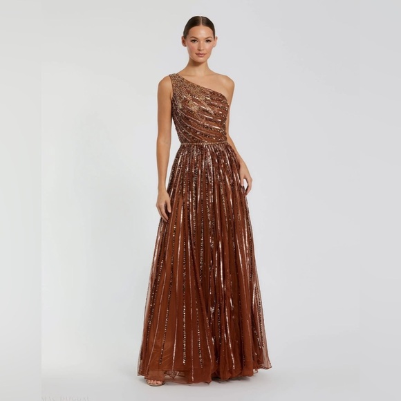 *Flawed Mac Duggal 5220 NWT Brown Embellished One Shoulder A-Line Gown